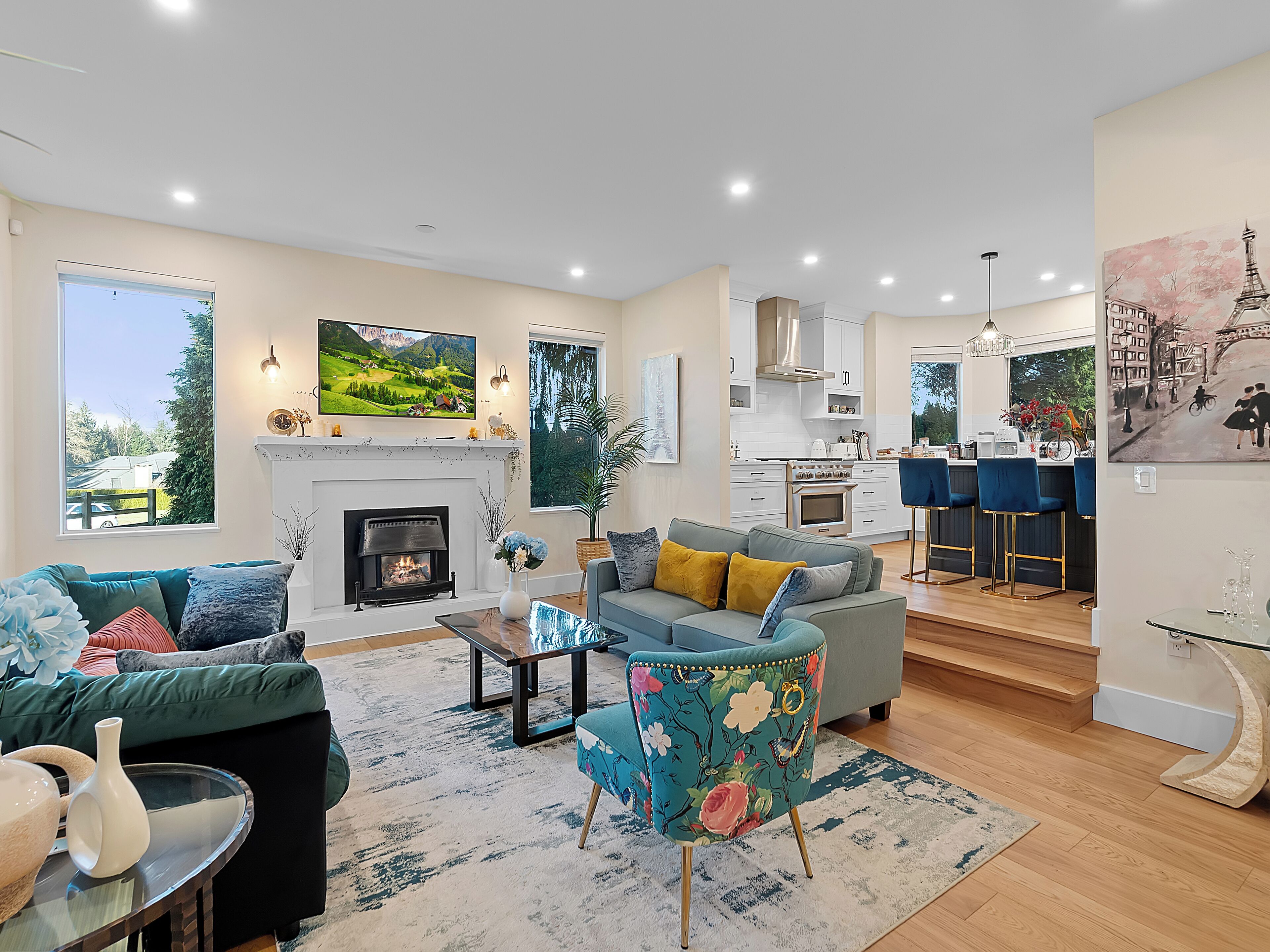 Smart TV, fireplace, table football, books