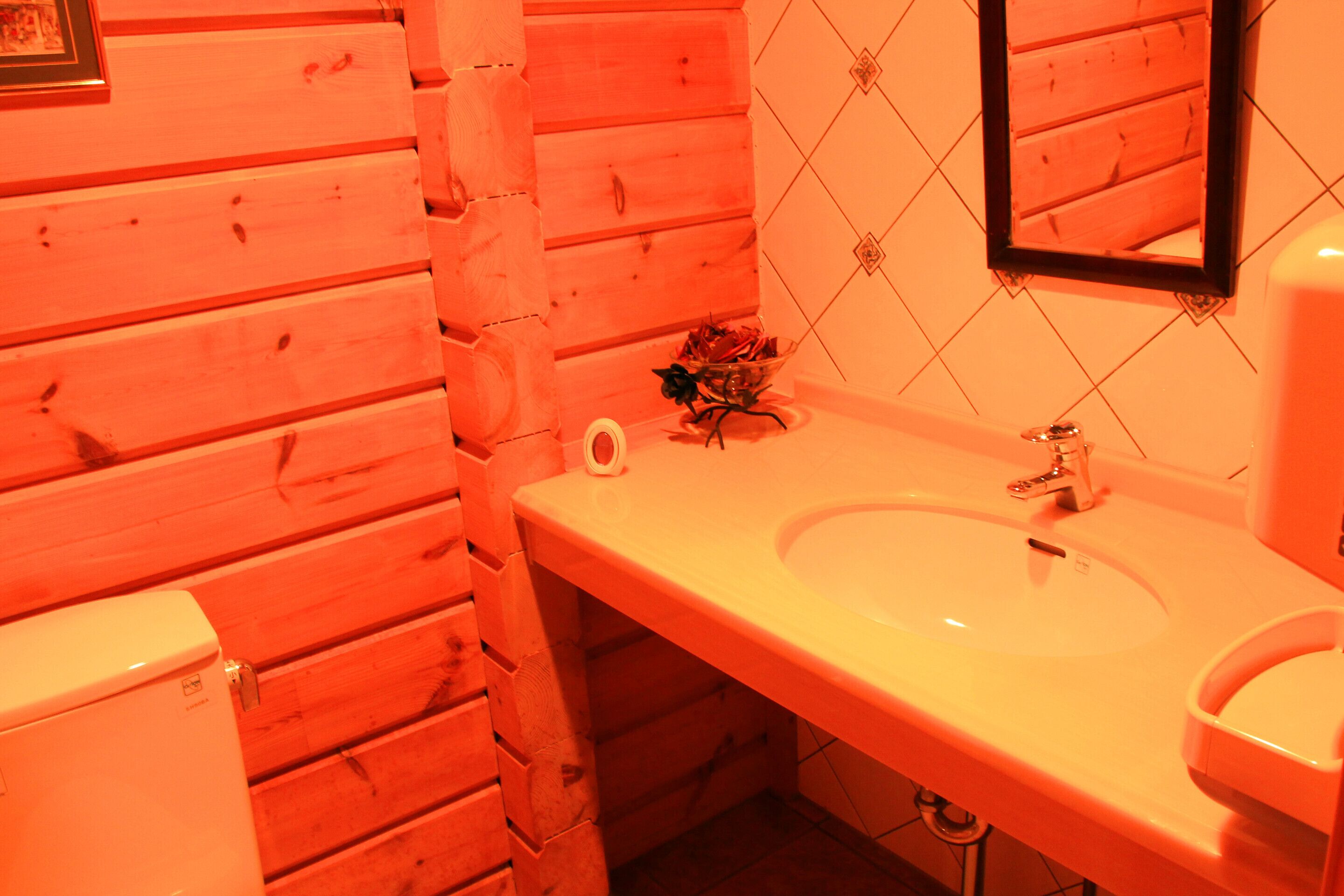 A bathroom with wooden walls, a white sink, and a mirror.