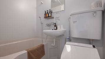 Combined shower/tub, free toiletries, hair dryer, towels