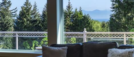 A room with a view of a balcony, a couch, and a window overlooking a forest and mountains.