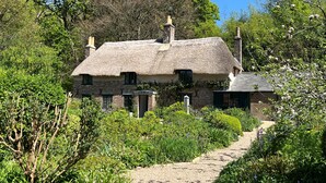 A traditional thatched-roof house surrounded by lush greenery and a gravel path.