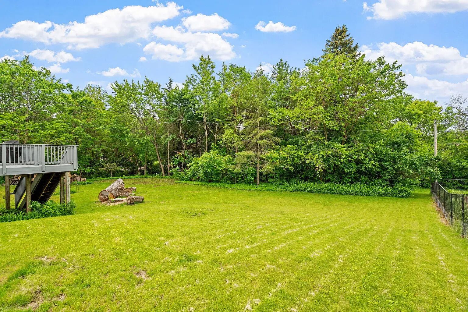 Une cour arrière verdoyante avec une terrasse en bois, un grand arbre et une clôture.