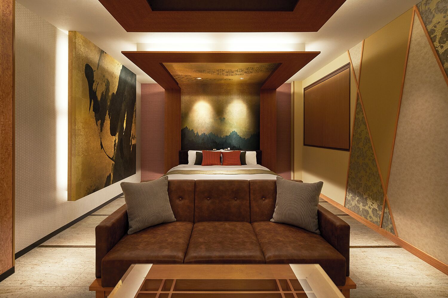 A modern hotel room with a large bed, a brown leather sofa, and a wall with a mountain landscape painting.