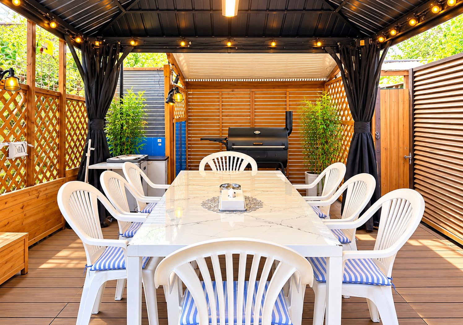 An outdoor patio with a table and chairs, a grill, and a wooden fence.
