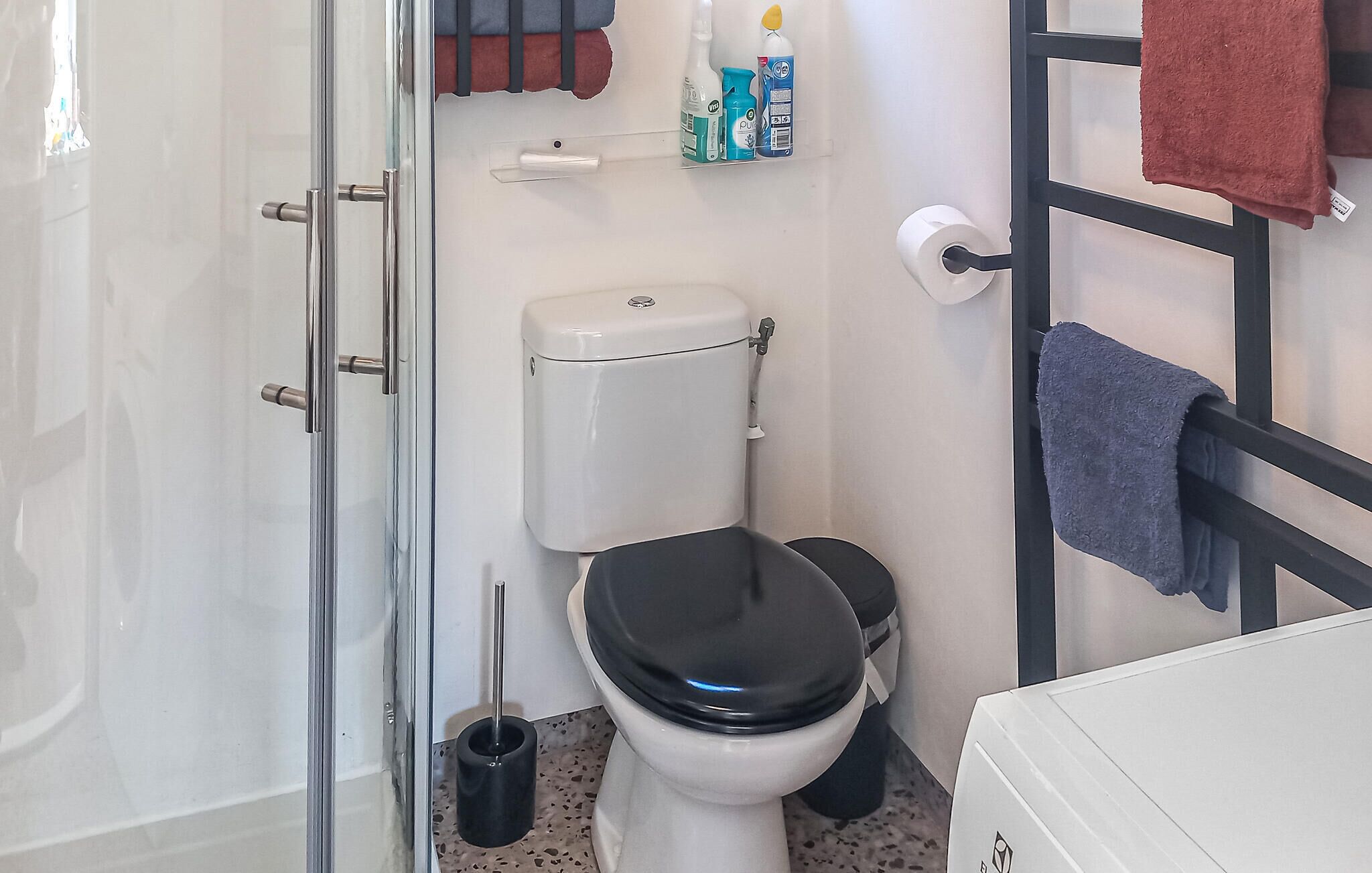 Un baño con inodoro, ducha, toallero con toallas y dispensador de papel higiénico.