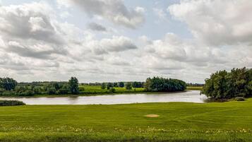 Ein Fluss fließt durch eine grüne Landschaft mit Bäumen und offenen Feldern.
