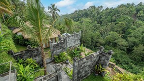 Una estructura de paredes de piedra con un edificio de techo de paja, rodeada de abundante vegetación y un bosque denso.