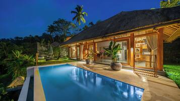 A modern villa with a swimming pool, large windows, and a thatched roof.