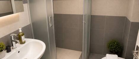 A modern bathroom with a curved shower enclosure, a white sink, and a toilet.