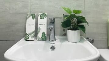 Regadera, secadora de cabello, bidet, toallas