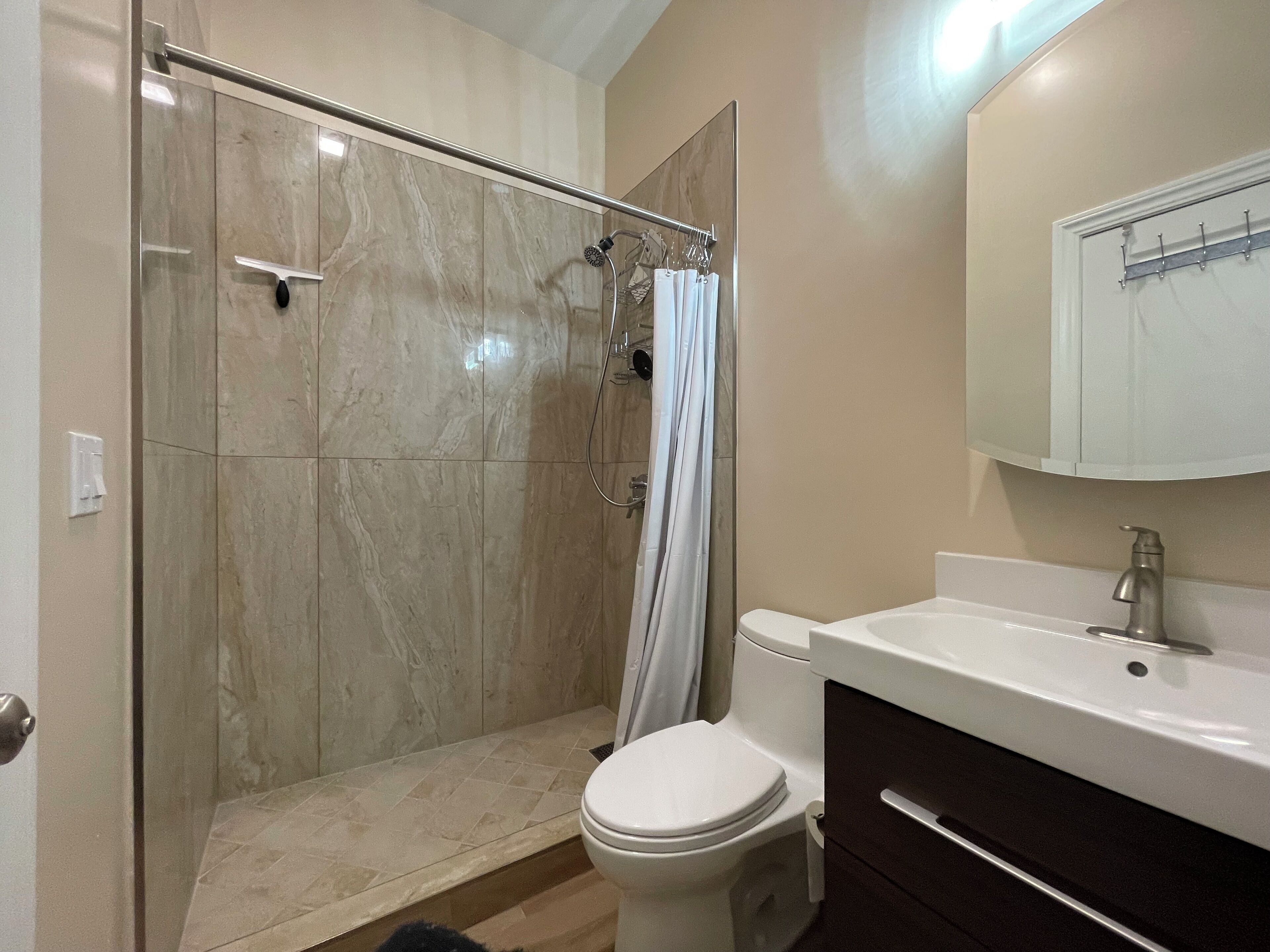 Hair dryer, towels, soap, toilet paper