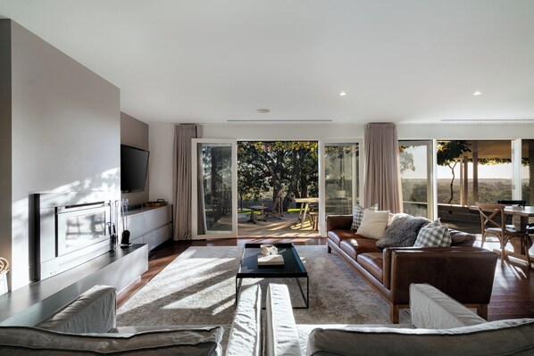 Smart TV, chimenea y libros 