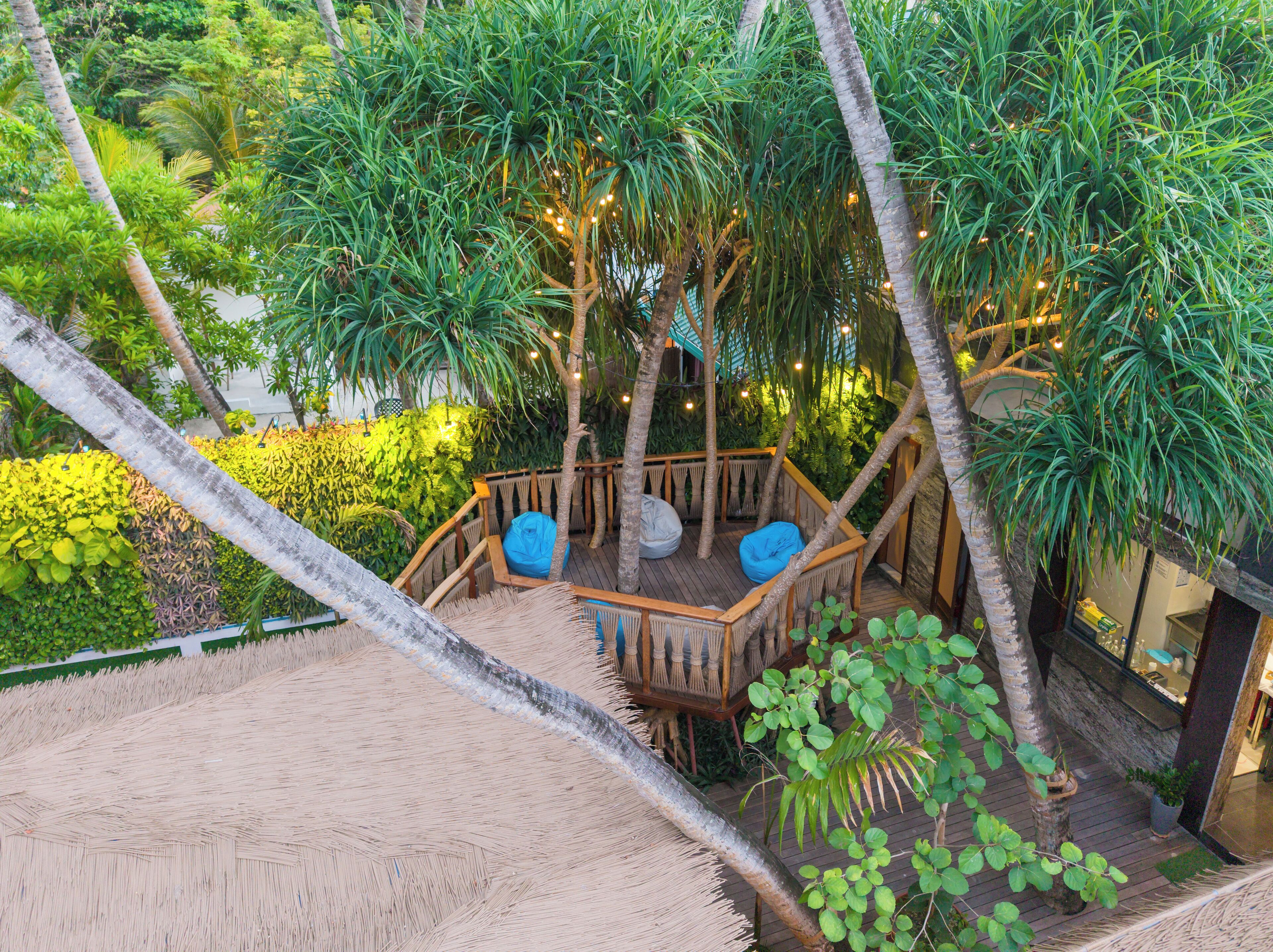 A wooden deck with a thatched roof, surrounded by lush greenery and palm trees, featuring a seating area with cushions.
