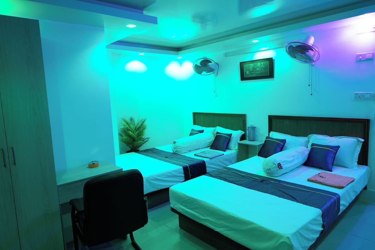A hotel room with two beds, a desk, a chair, a plant, and two wall fans.