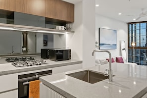 Fridge, microwave, oven, stovetop