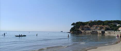 On the beach, sun loungers, beach towels