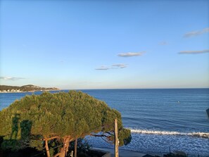 On the beach, sun-loungers, beach towels