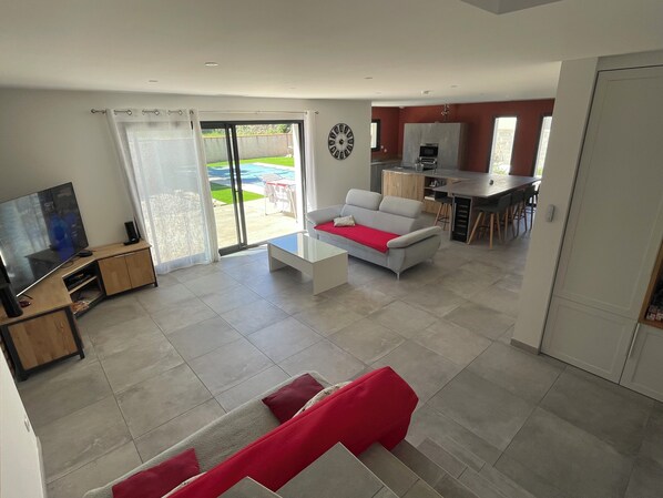 Smart TV, video games, DVD player, foosball