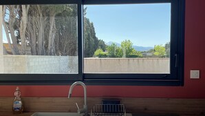 A kitchen with a window, sink, and a bottle of dish soap. - Villa chat l'heureuse (Villemolaque)