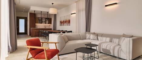 A modern living room with a large sectional sofa, a red armchair, a small side table, and a dining area in the background.
