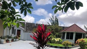 A residential area with a paved driveway, a small garden with a red-leafed plant, and a house with a red roof. - Plavender inn (Dar es Salaam)