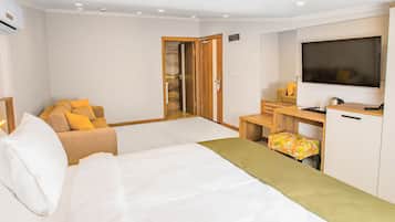 A hotel room with a bed, a desk, a TV, and a wardrobe.