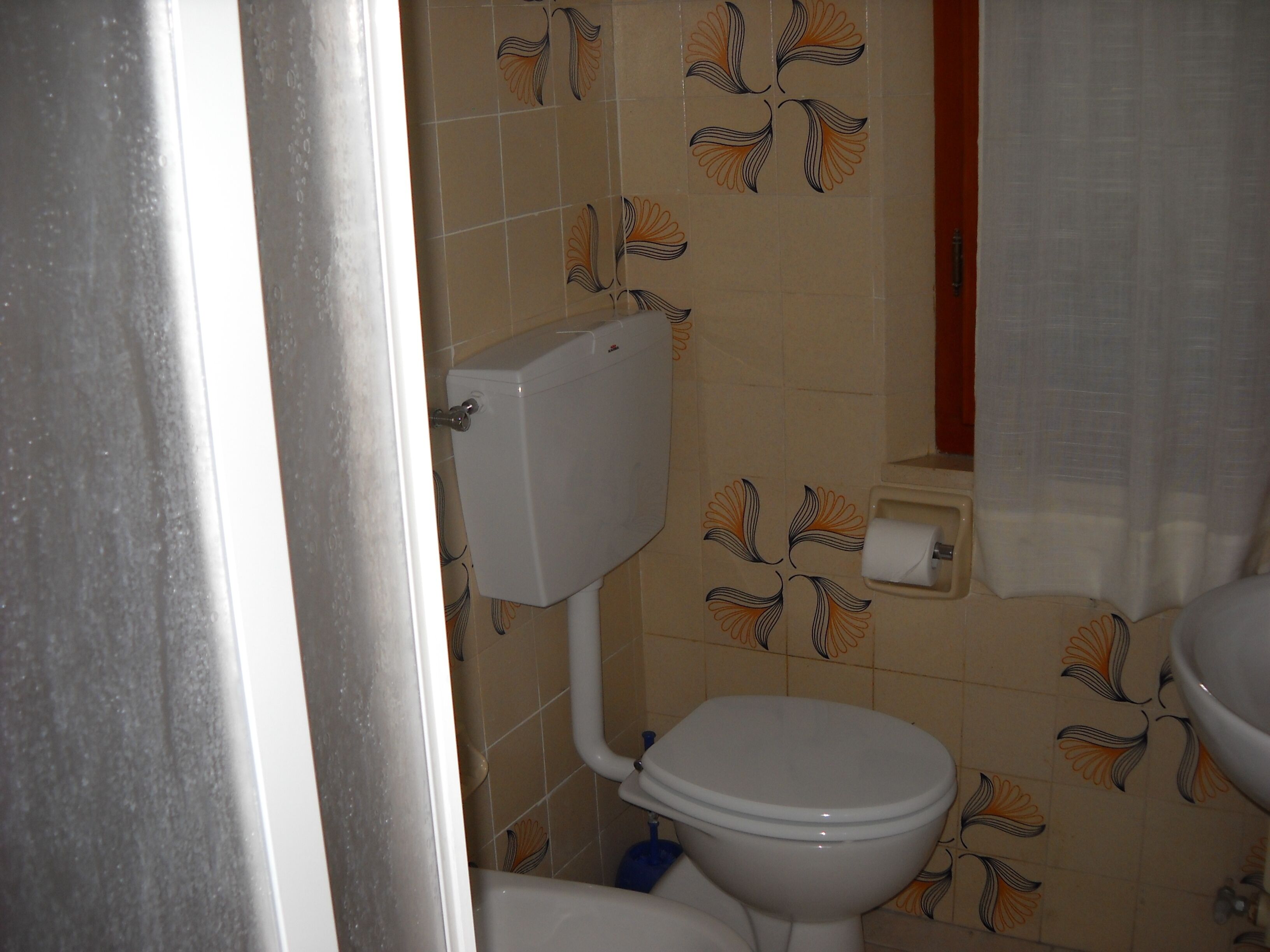 A bathroom with a toilet, a sink, and patterned tiles.