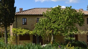 A stone building with a tiled roof, two windows, and a tree in front.