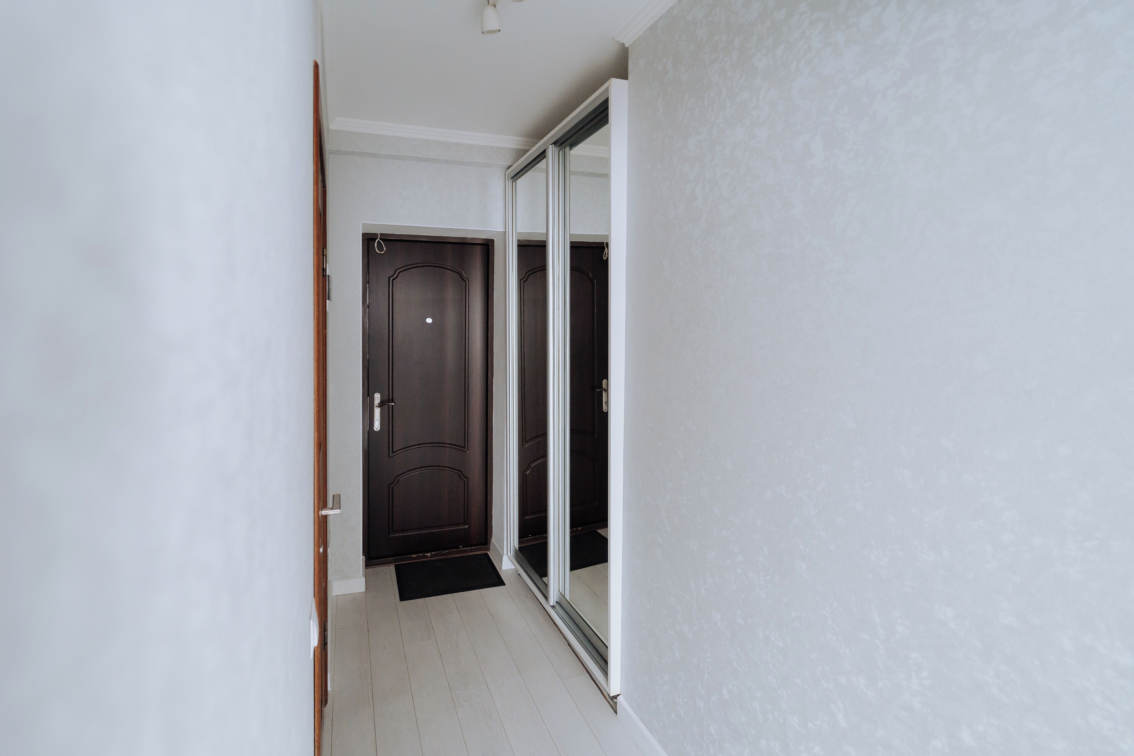 A hallway with a dark wooden door, a sliding glass door, and a white wall.