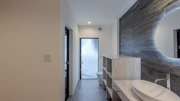 A modern bathroom with a large oval sink, a curved marble wall, and a glass door leading to a toilet.