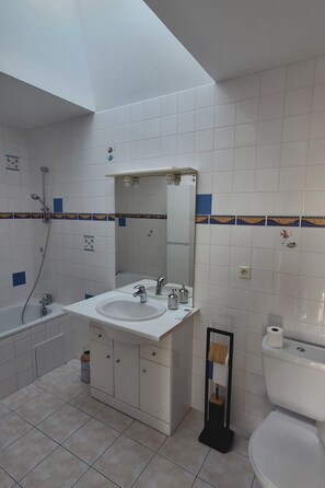 Hair dryer, towels, toilet paper