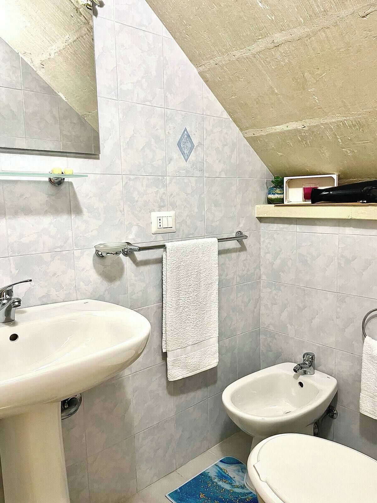 Een haardroger, een bidet, handdoeken, zeep