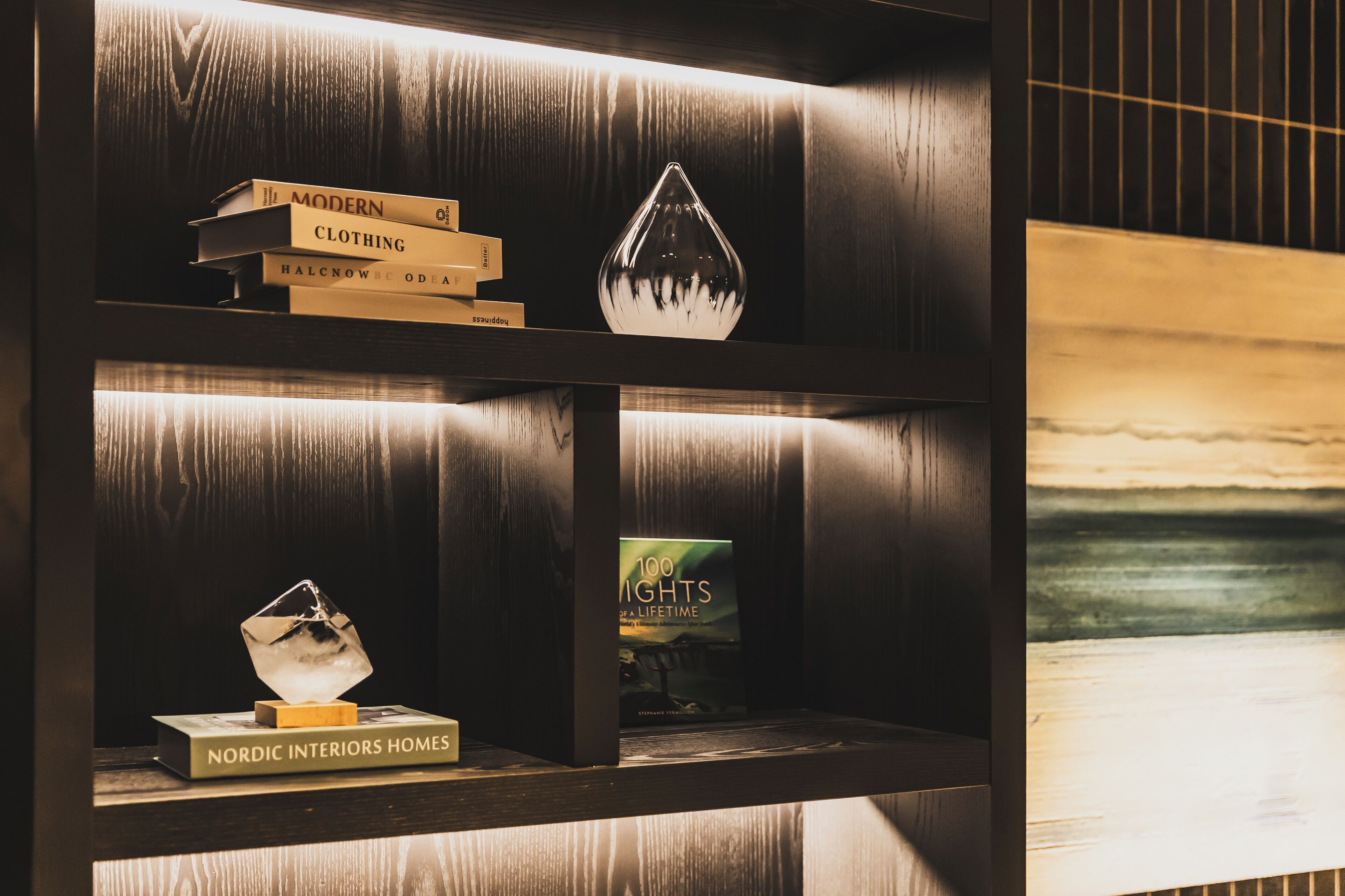 A bookshelf with books and decorative items, including a crystal and a book titled '100 LIGHTS.'