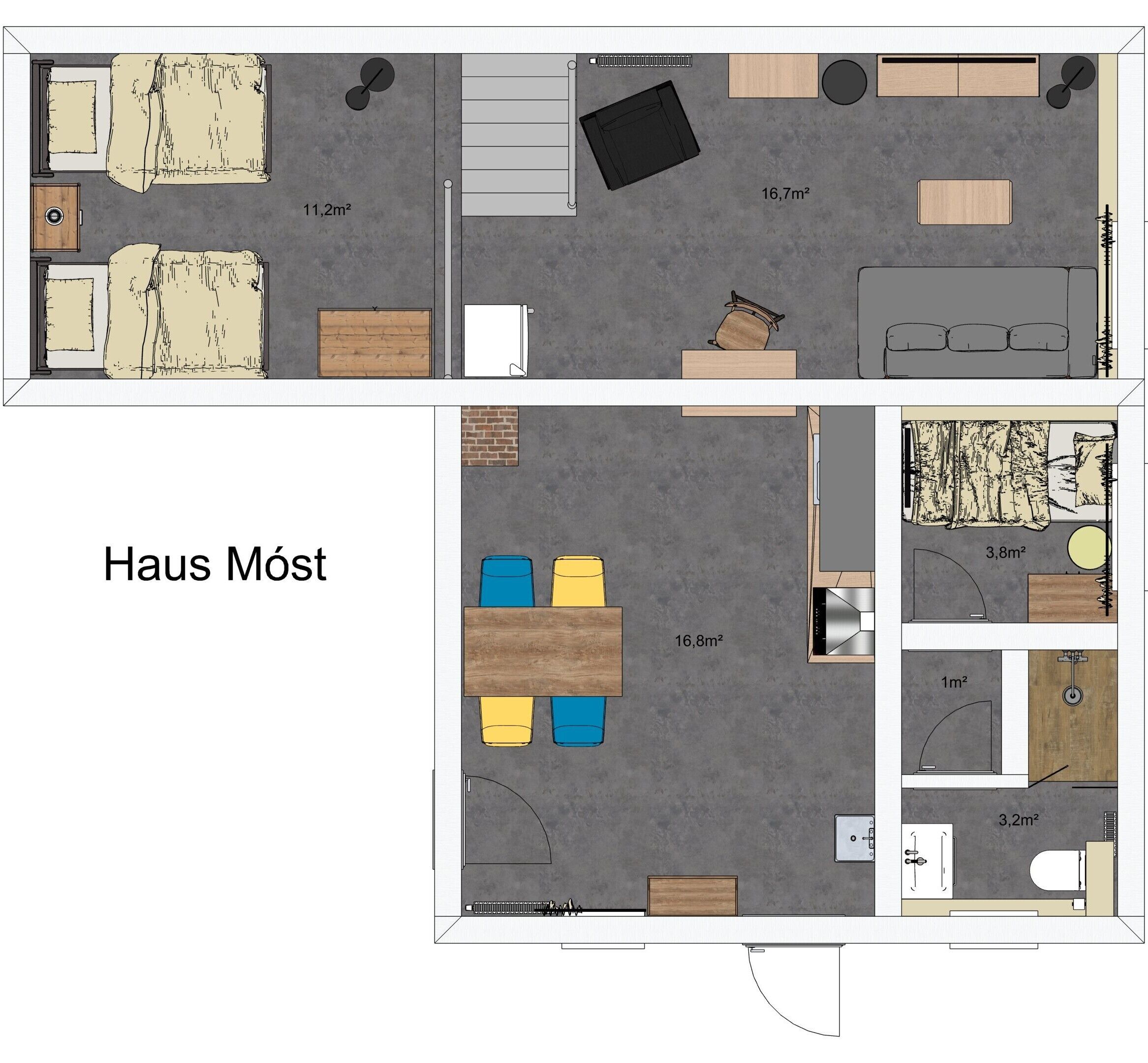 Een plattegrond van een hotelkamer met een bed, een bureau, een stoel, een kleine tafel, een bank en een badkamer.