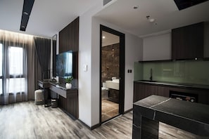 Mini-fridge, eco-friendly cleaning products, paper towels