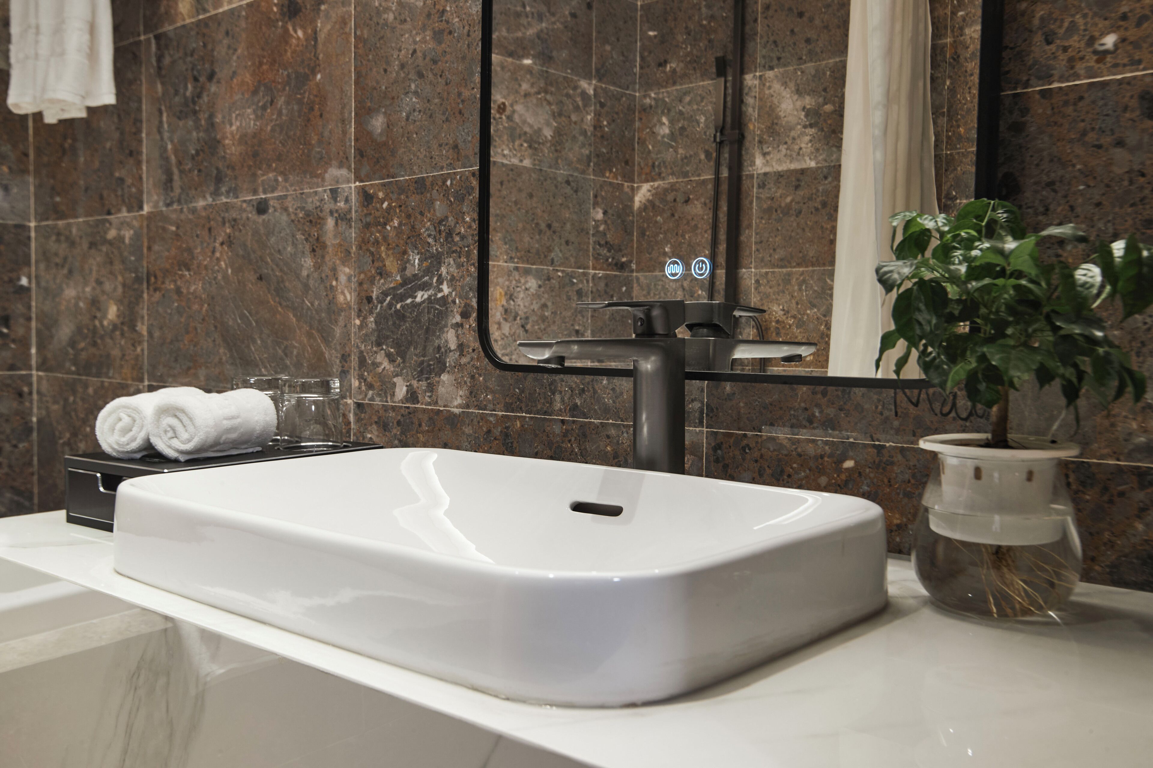 A bathroom with a white sink, a mirror, and a potted plant.