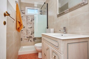 Shower, hair dryer, bidet, towels