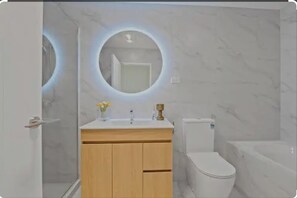 Hair dryer, towels, soap, toilet paper