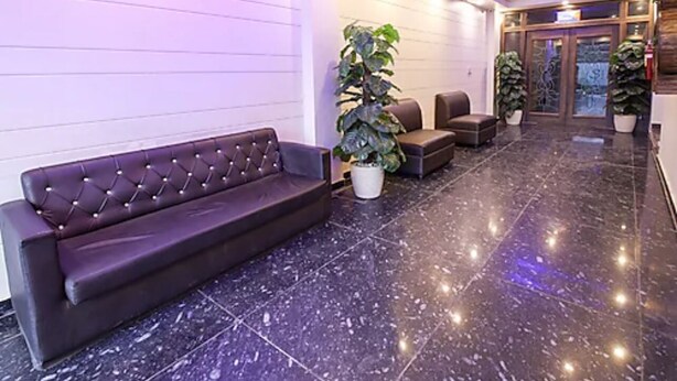 A lobby with a dark leather sofa, potted plants, and a polished marble floor. - Sandalwood (Meerut)