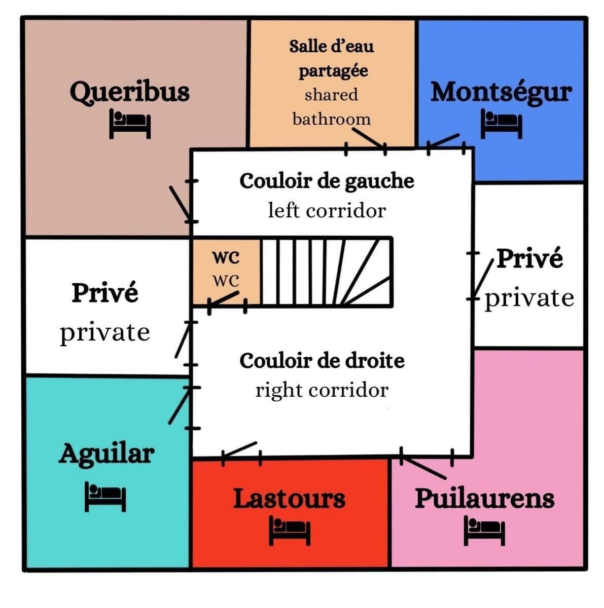Un hôtel dont l’agencement comprend des chambres privées, une salle de bain commune et un couloir situé à gauche.