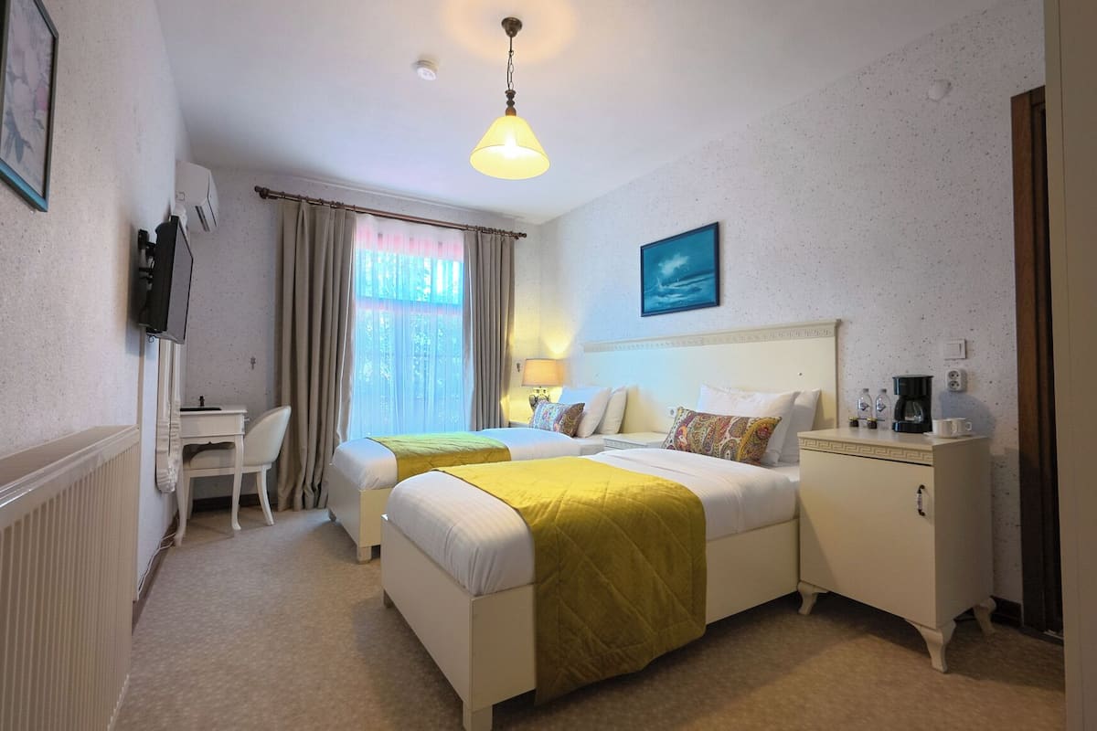 Une chambre d’hôtel avec deux lits, un bureau, une chaise, un radiateur, une lampe, une machine à café et un tableau au mur.