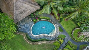 An aerial view of a swimming pool surrounded by lush greenery and a stone pathway. - The Allure Ubud Villas & Spa crafted by freshWater Asia (Ubud)