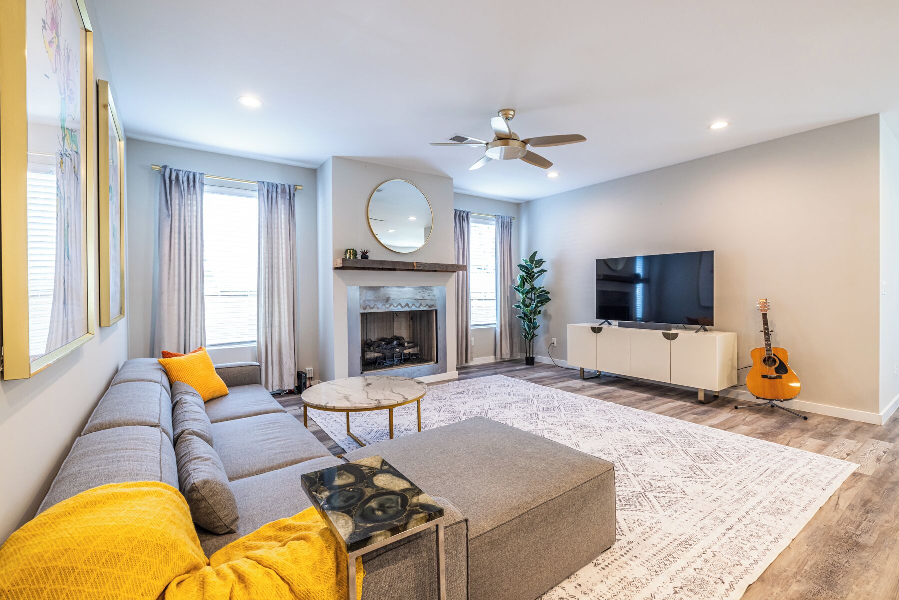 Smart TV, fireplace, offices, printers