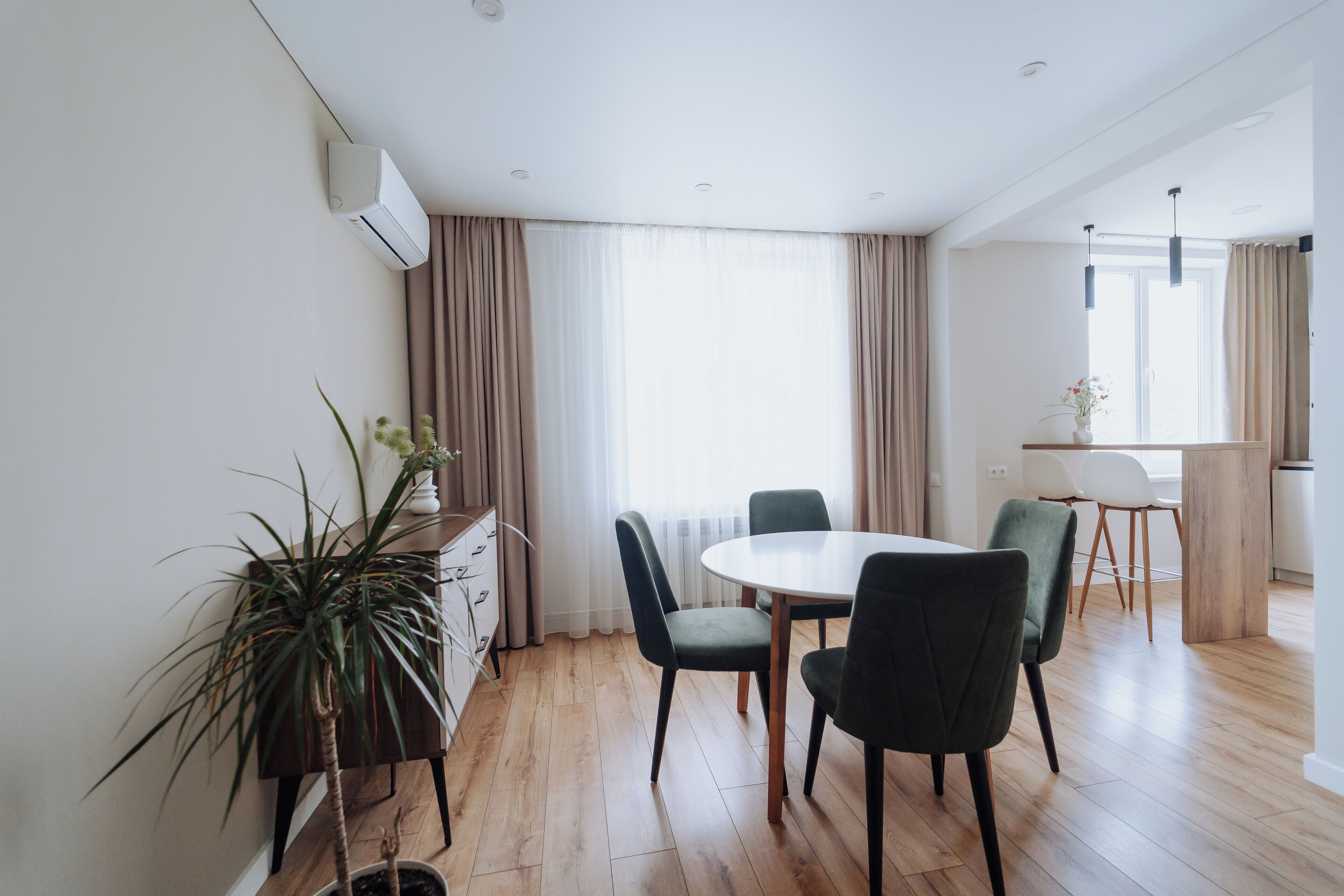 A modern dining area with a round table, four chairs, and a potted plant.