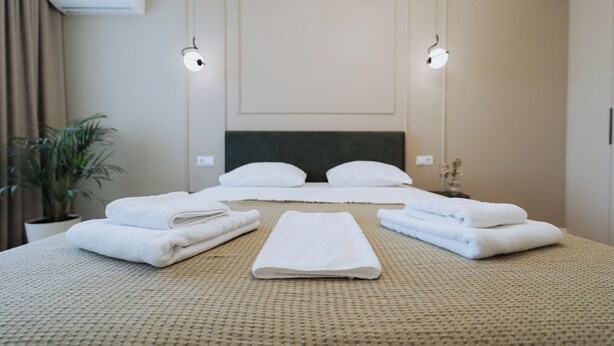 Une chambre d’hôtel avec un grand lit, deux tables de chevet, une plante en pot et un climatiseur fixé au mur.