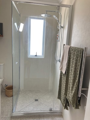 Shower, hair dryer, towels, soap