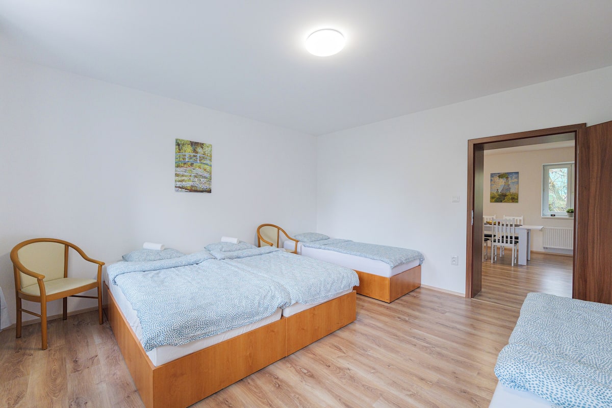 A bedroom with two single beds, a wooden chair, and a wooden floor.