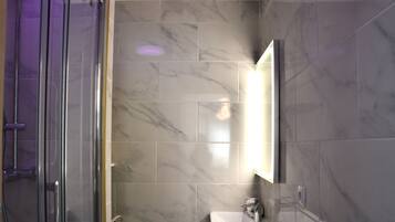 Shower, towels, toilet paper