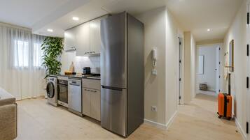 A modern kitchen with stainless steel appliances, a washing machine, and a large plant.