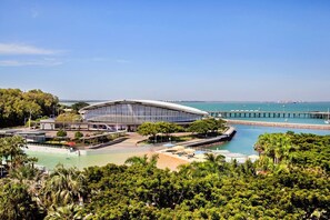 A modern stadium with a curved roof, surrounded by lush greenery and a waterfront. - Darwin Inner City Oasis | 2 Bed Apt (Darwin City)